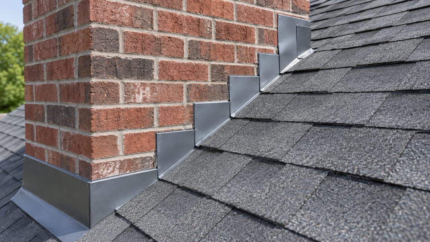 Chimney flashing on a densely built older Bellaire home