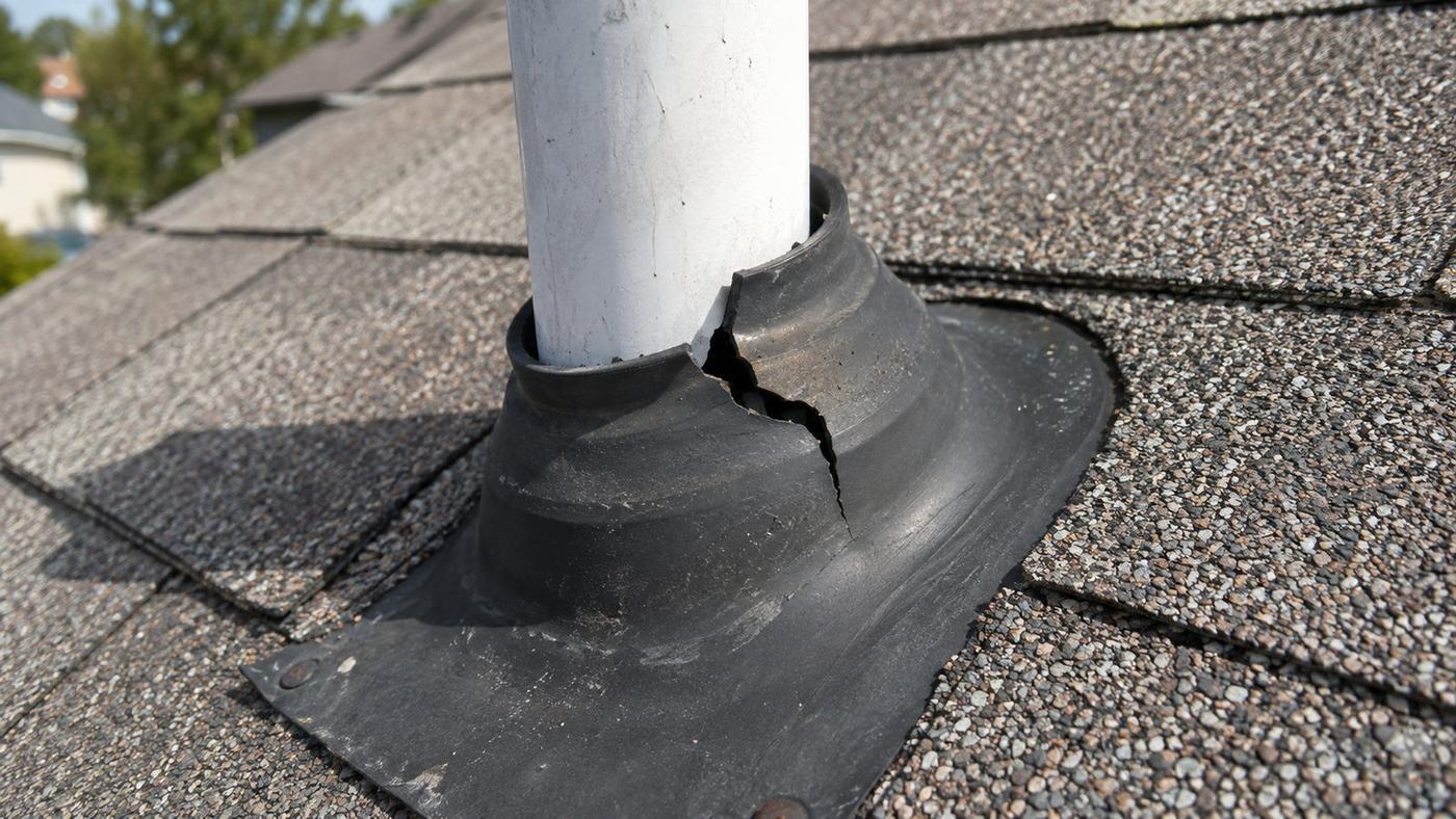 Split rubber pipe boot on a shingle roof, a common source of a ceiling leak