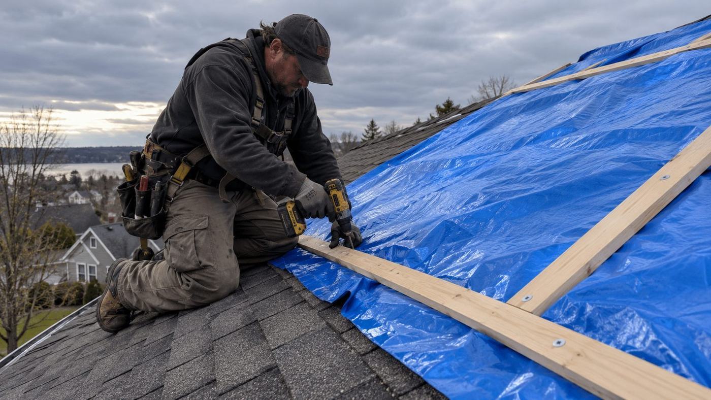 Roofer fastening an emergency tarp over an opening in a shingle roof
