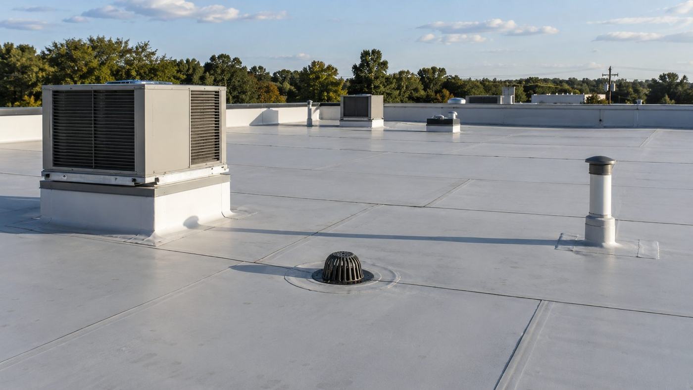 Low-slope membrane roof with a drain and a rooftop unit