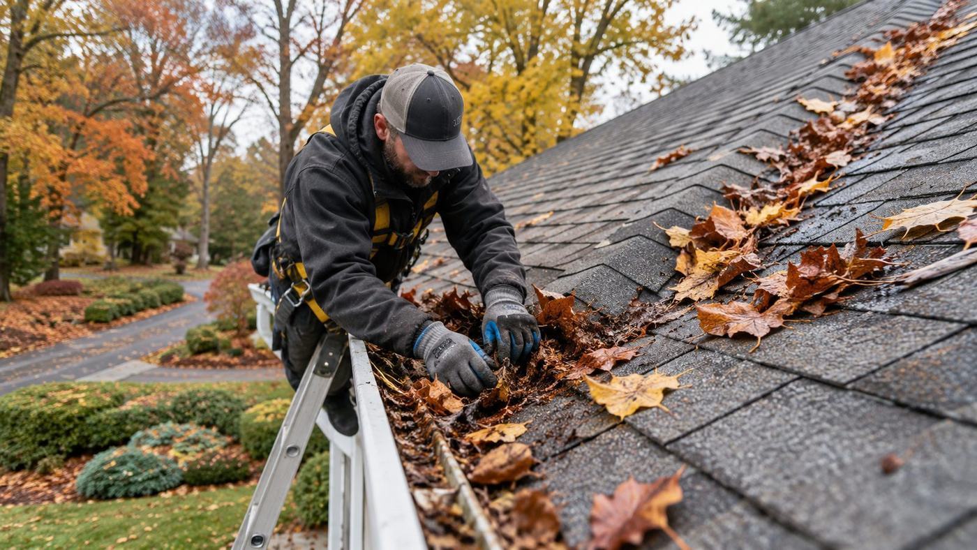 Clearing packed autumn leaves out of a gutter above a shingle roof