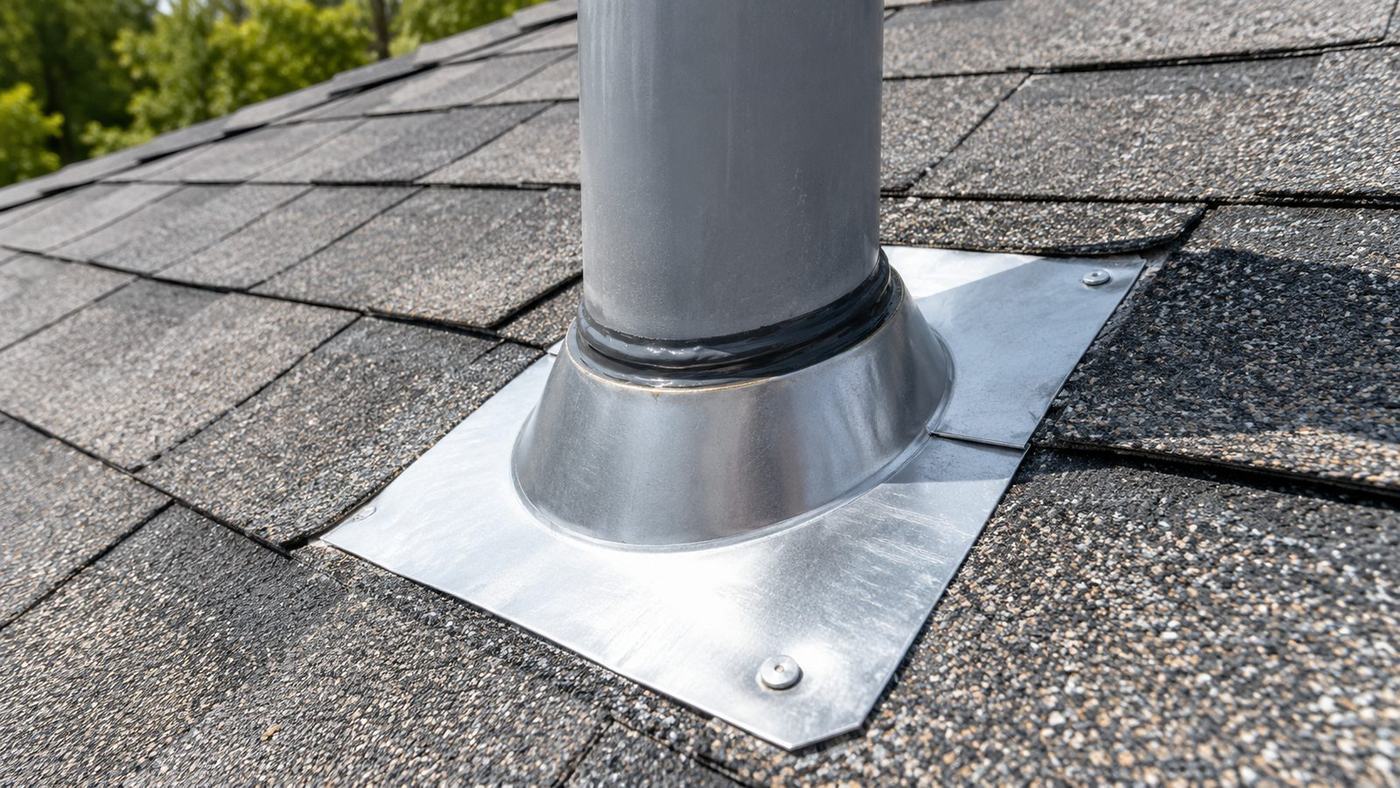 Replacement metal pipe flashing set into the shingle courses